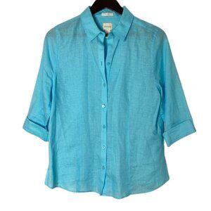 Chicos Linen Blue Button Down Shirt Breezy 3/4 Sleeves Size Small Beach